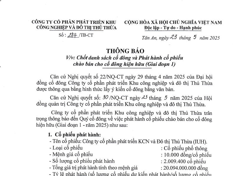 Thông báo v.v Chốt danh sách cổ đông và Phát hành cổ phiếu chào bán cho cổ đông hiện hữu (giai đoạn 1) (23.5.2025)